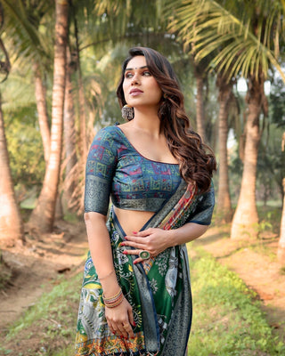 Multicolored Digital Print Tussar Silk Saree with Intricate Zari Border and Elephant Motif Pallu DIGITAL PRINT