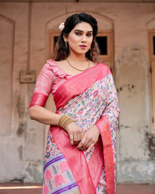 Blush Pink Tussar Silk Saree with Multicolor Floral Design and Zari Paisley Border DIGITAL PRINT
