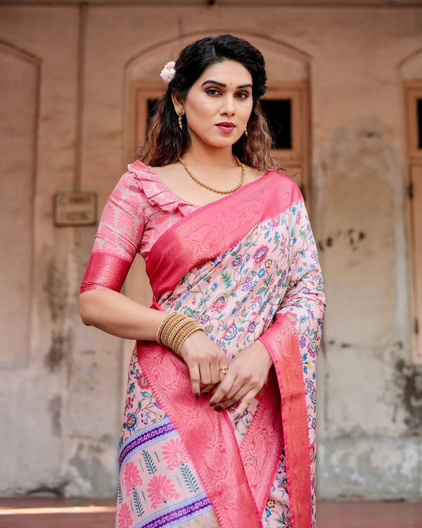 Blush Pink Tussar Silk Saree with Multicolor Floral Design and Zari Paisley Border DIGITAL PRINT