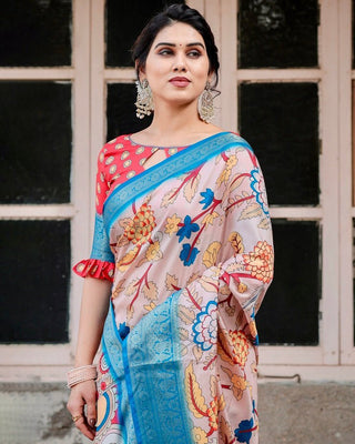 Beige and Red Tussar Silk Saree with Divine Motifs and Floral Zari Border DIGITAL PRINT