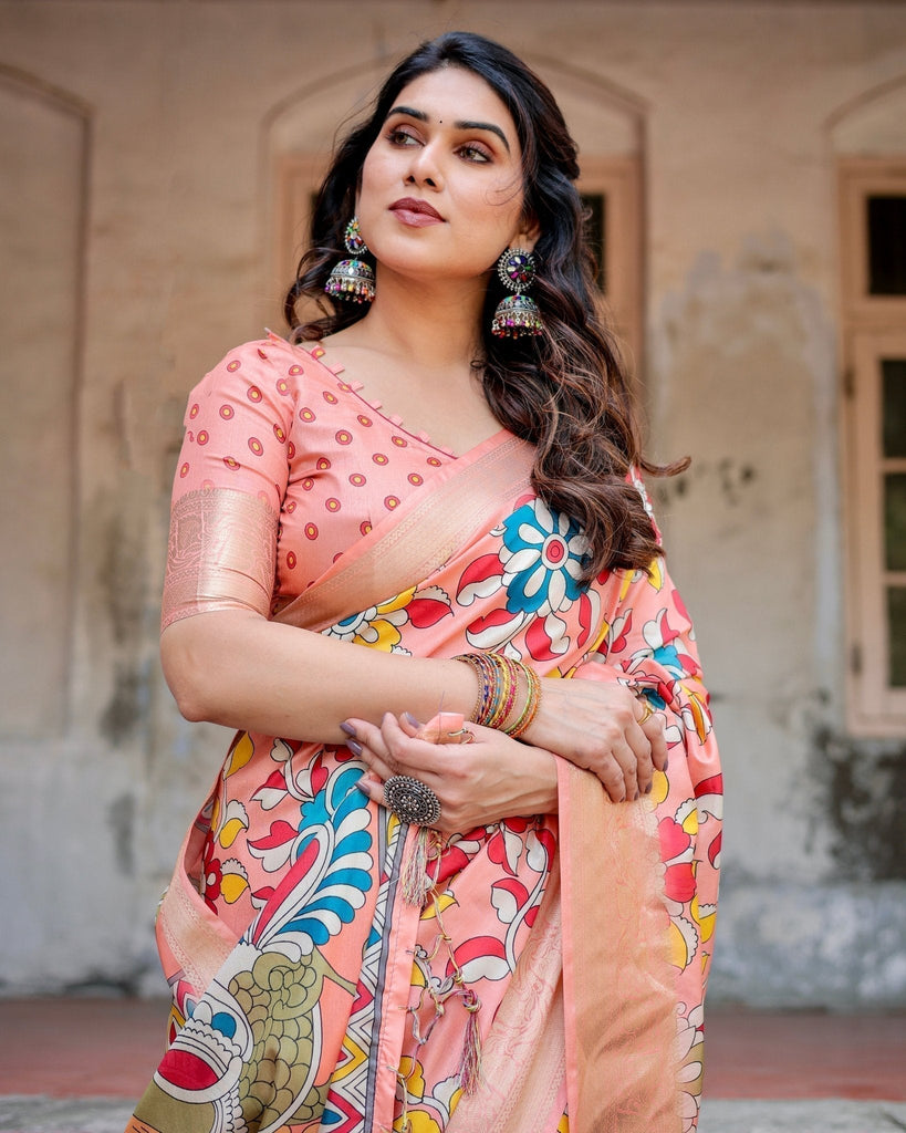 Peach Tussar Silk Saree with Vibrant Floral Kalamkari and Zari Highlights DIGITAL PRINT