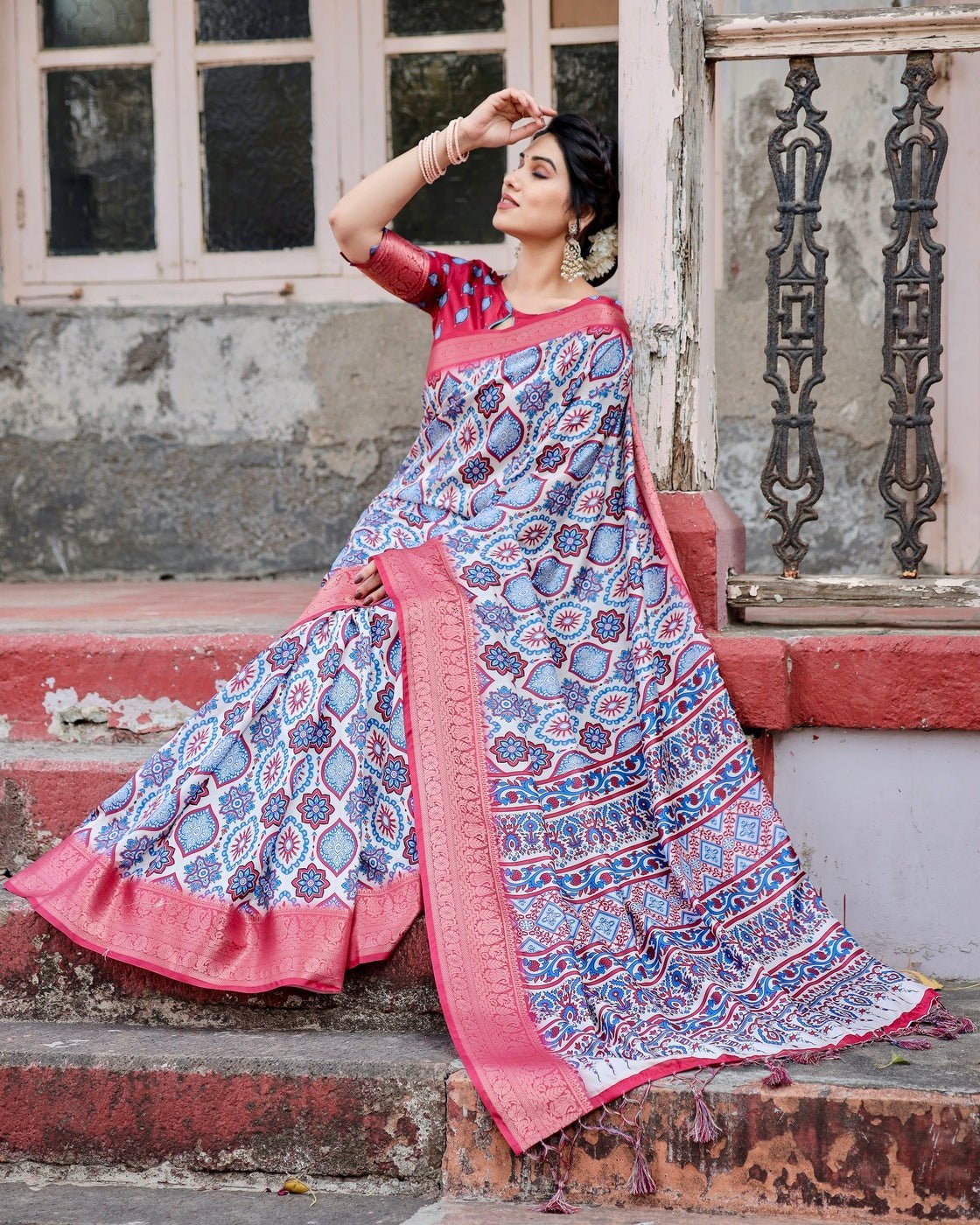 White and Red Tussar Silk Saree with Vibrant Floral Geometric Motifs and Ornamental Zari Border DIGITAL PRINT