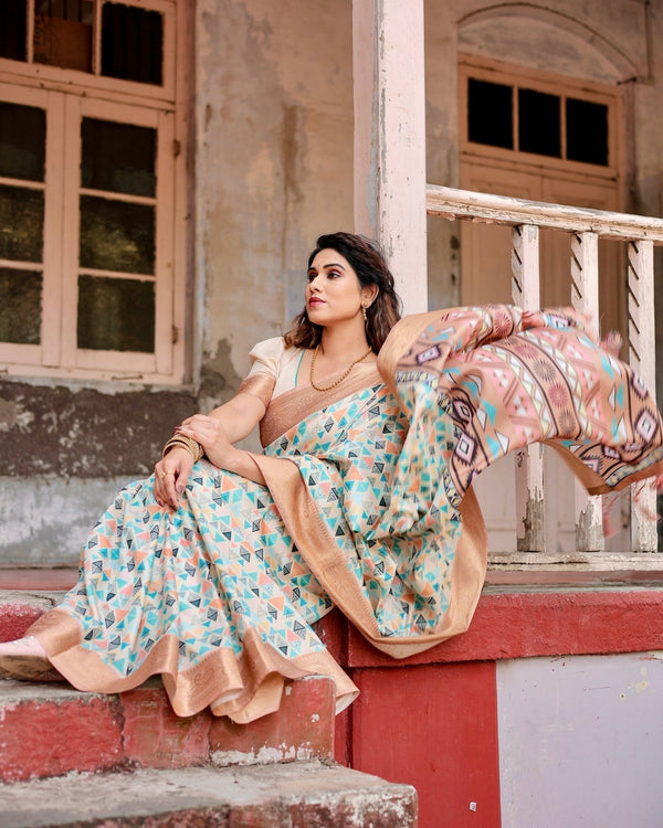Contemporary Beige Tussar Silk Saree with Geometric Triangle Print and Golden Zari Border DIGITAL PRINT