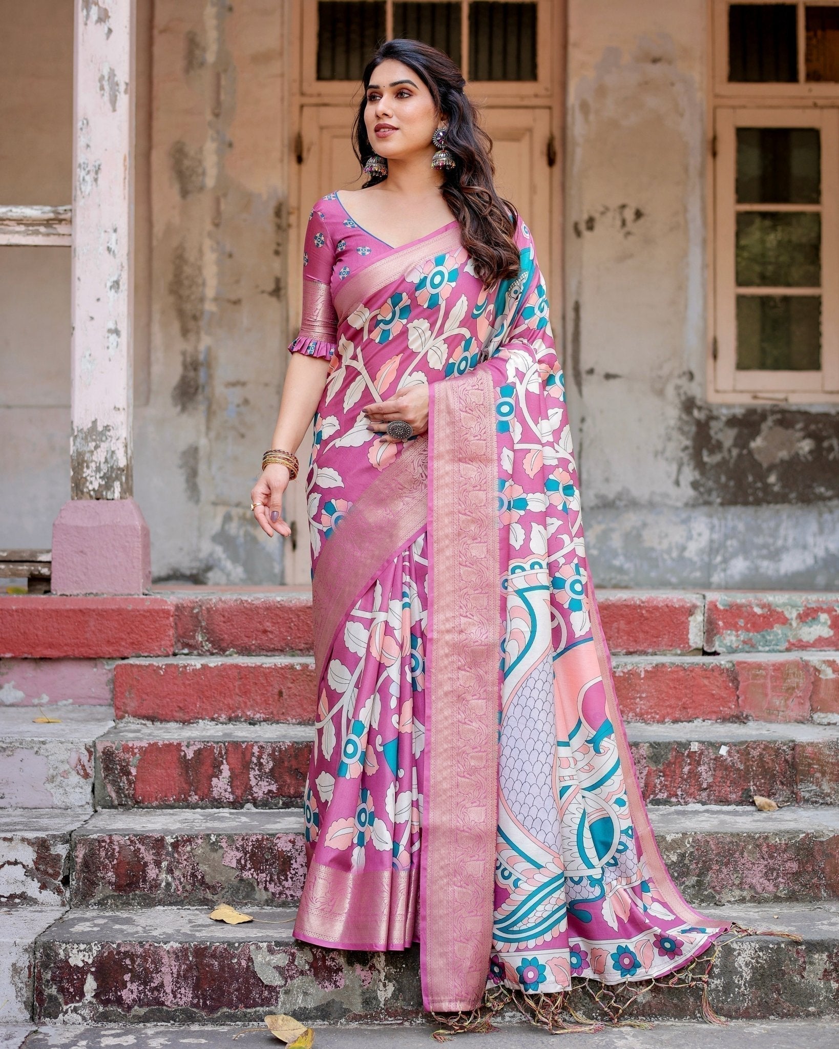 Blush Pink Tussar Silk Saree with Elegant Peacock and Floral Kalamkari Design Secondary image