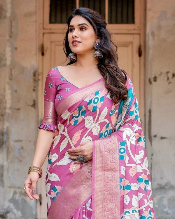 Blush Pink Tussar Silk Saree with Elegant Peacock and Floral Kalamkari Design DIGITAL PRINT
