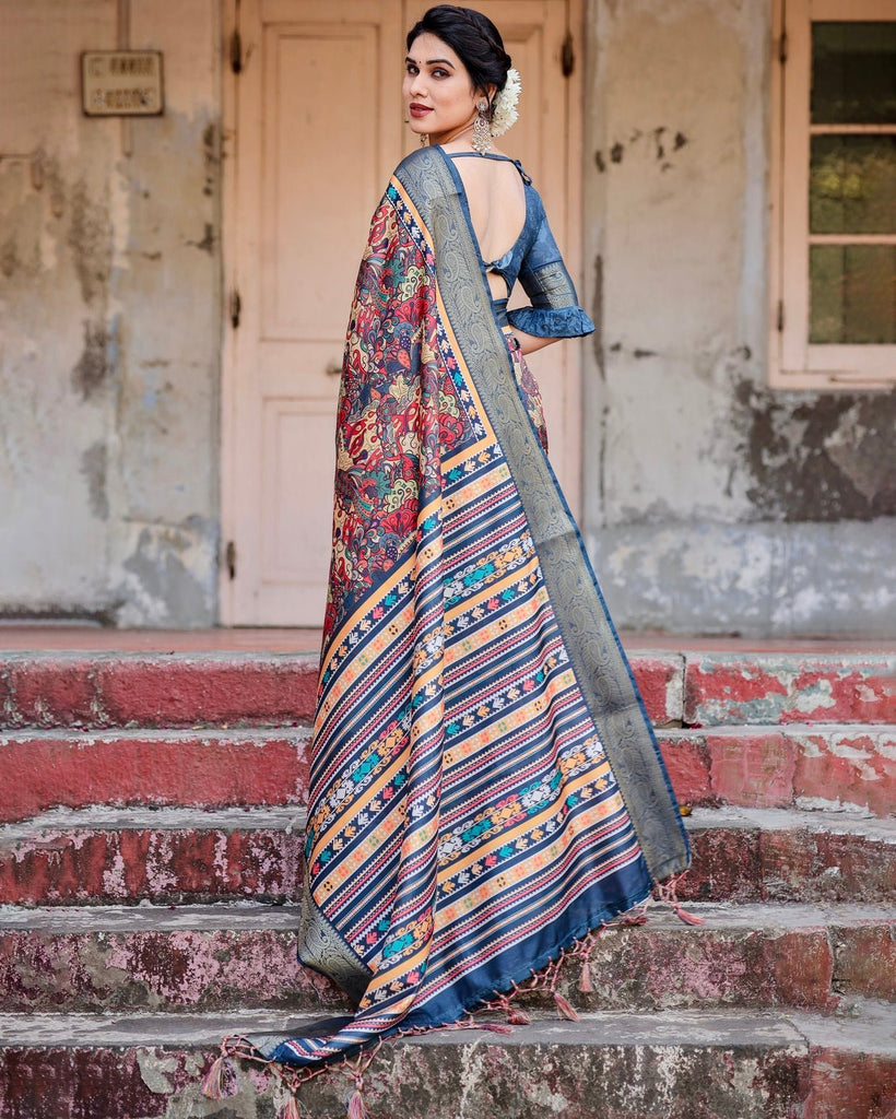 Multicolor Tussar Silk Saree with Vibrant Floral Weaves and Striped Pallu DIGITAL PRINT