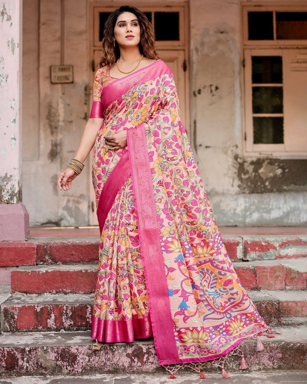 Peach and Fuchsia Floral Digital Print Tussar Silk Saree with Zari Border and Paisley Pallu DIGITAL PRINT
