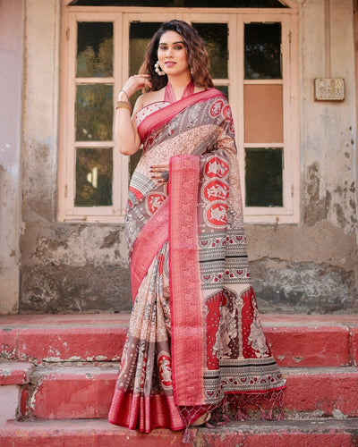 Beige and Red Tussar Silk Saree with Traditional Motifs and Ornamental Zari Border DIGITAL PRINT