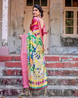 Magenta Tussar Silk Saree with Artistic Peacock & Floral Kalamkari Design DIGITAL PRINT
