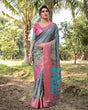 Load image into Gallery viewer, Pastel Grey and Turquoise Digital Print Tussar Silk Saree with Pink Zari Border and Peacock Motif Pallu DIGITAL PRINT
