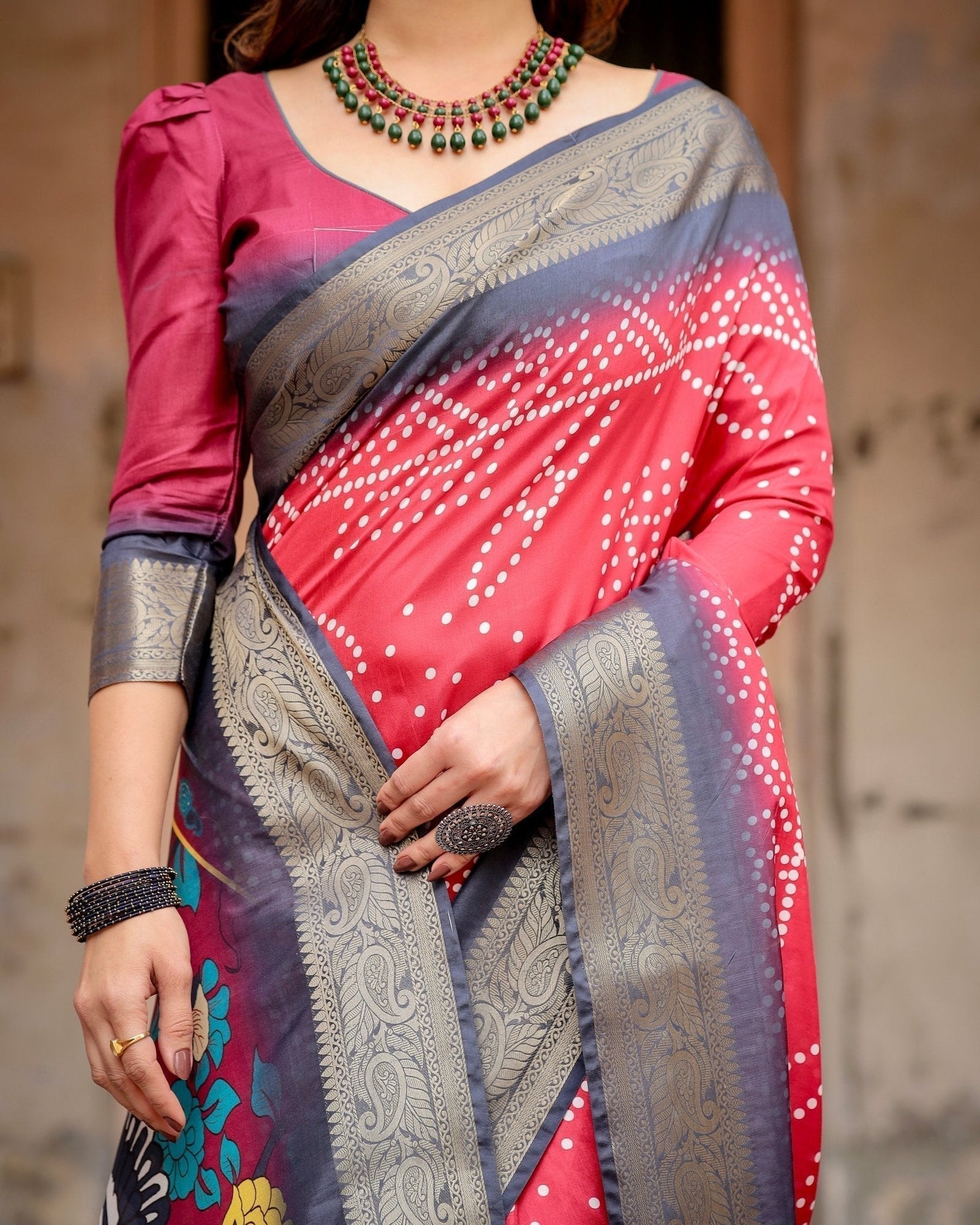 Crimson Red Tussar Silk Saree with Bandhani Patterns, Zari Border, and Vibrant Artistic Pallu DIGITAL PRINT