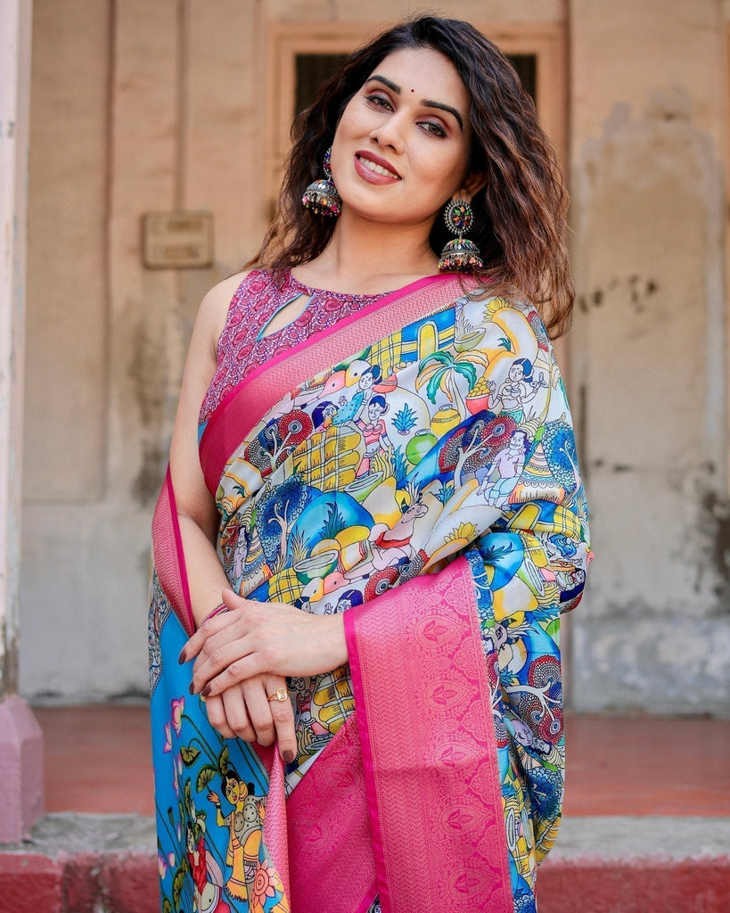 Vibrant Multicolor Digital Printed Tussar Silk Saree with Pink Zari Border DIGITAL PRINT