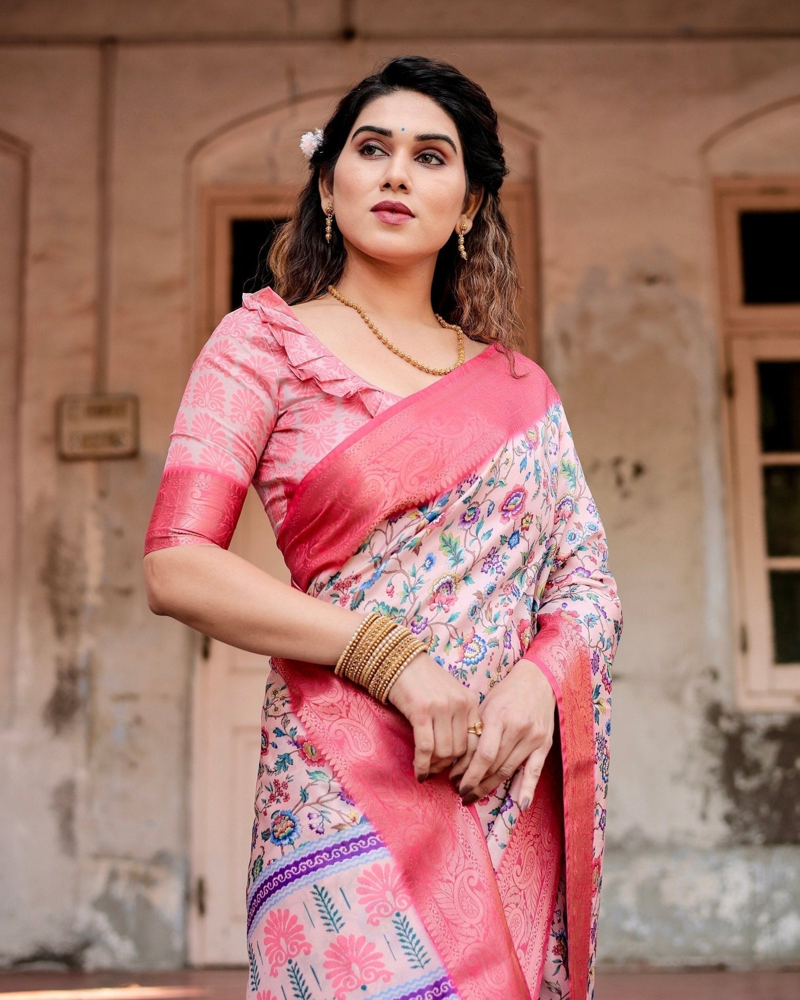 Blush Pink Tussar Silk Saree with Multicolor Floral Design and Zari Paisley Border DIGITAL PRINT