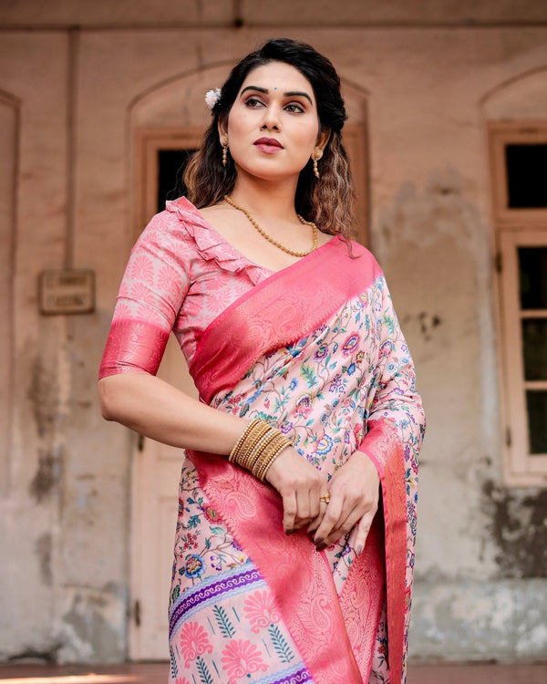 Blush Pink Tussar Silk Saree with Multicolor Floral Design and Zari Paisley Border DIGITAL PRINT