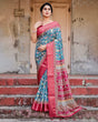 Load image into Gallery viewer, Teal Blue and Coral Tussar Silk Saree with Vibrant Floral Motifs and Ornamental Pallu DIGITAL PRINT