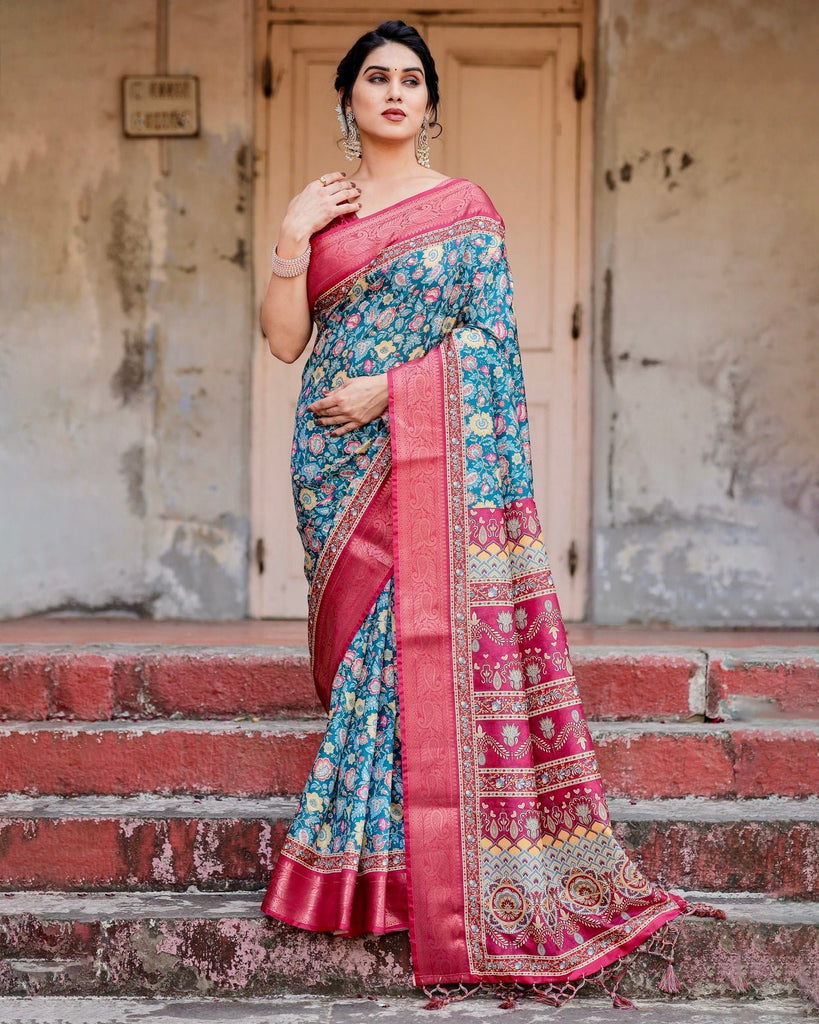 Teal Blue and Coral Tussar Silk Saree with Vibrant Floral Motifs and Ornamental Pallu DIGITAL PRINT
