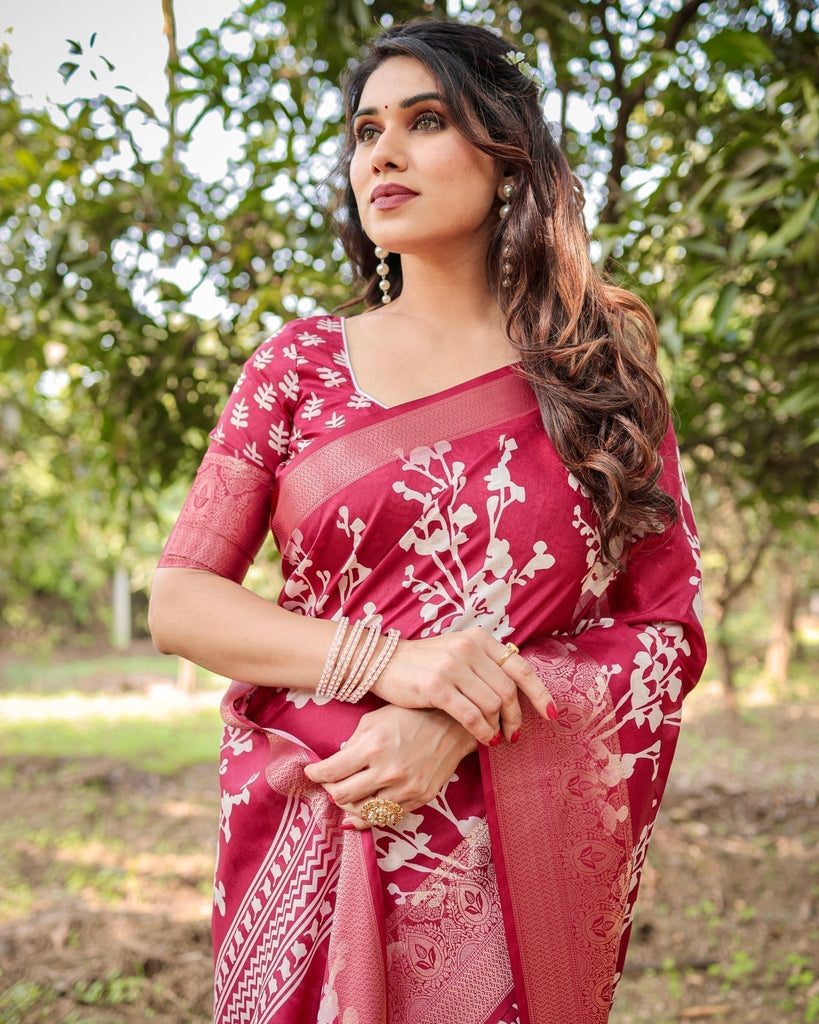 Maroon Tussar Silk Saree with White Floral Motifs, Intricate Zari Border, and Elegant Tassel Pallu DIGITAL PRINT