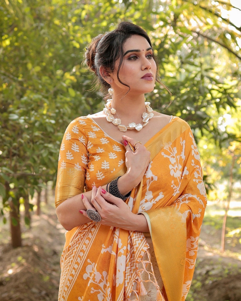 Sunshine Yellow Tussar Silk Saree with White Floral Motifs, Lustrous Zari Border, and Graceful Tassel Pallu DIGITAL PRINT