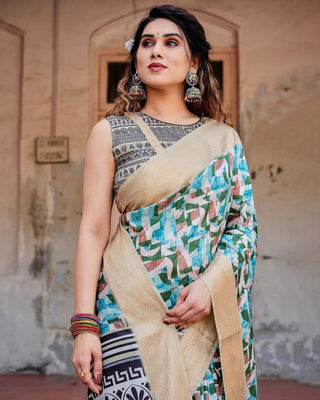 Contemporary Abstract Print Saree with Gold Border and Monochrome Patterned Pallu DIGITAL PRINT