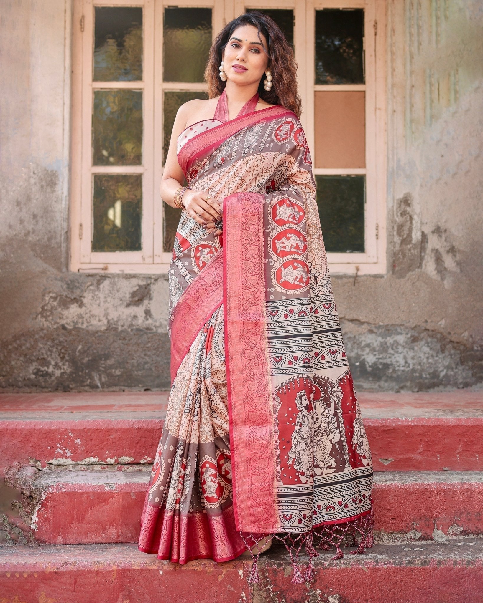 Beige and Red Tussar Silk Saree with Traditional Motifs and Ornamental Zari Border DIGITAL PRINT Main image