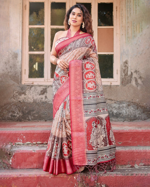 Beige and Red Tussar Silk Saree with Traditional Motifs and Ornamental Zari Border DIGITAL PRINT Main image