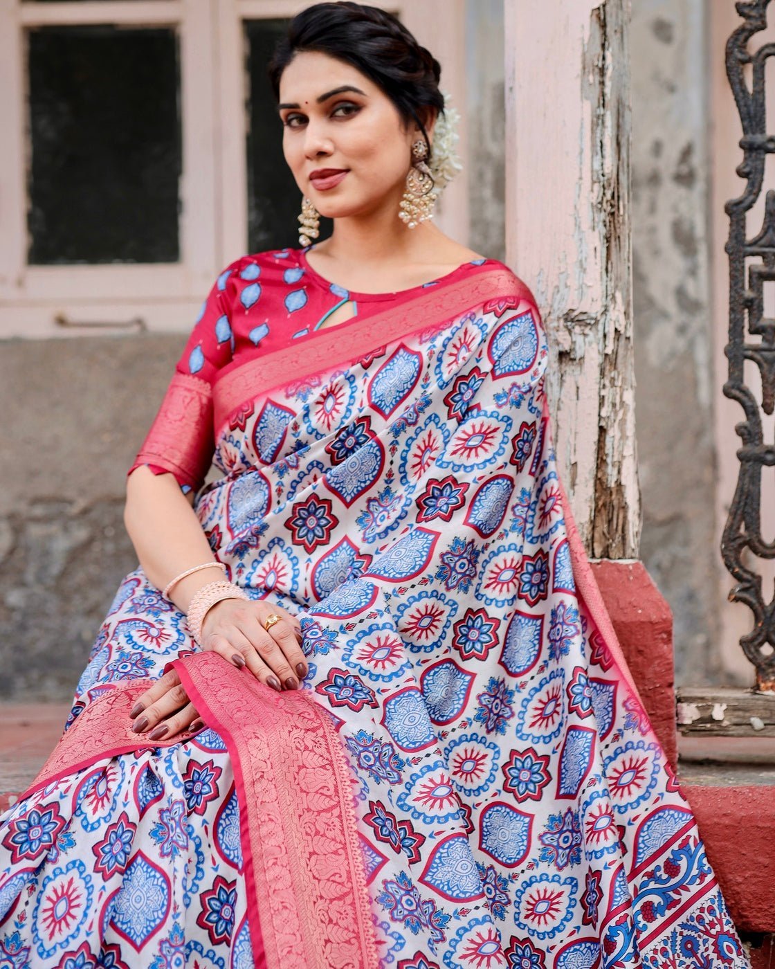 White and Red Tussar Silk Saree with Vibrant Floral Geometric Motifs and Ornamental Zari Border DIGITAL PRINT