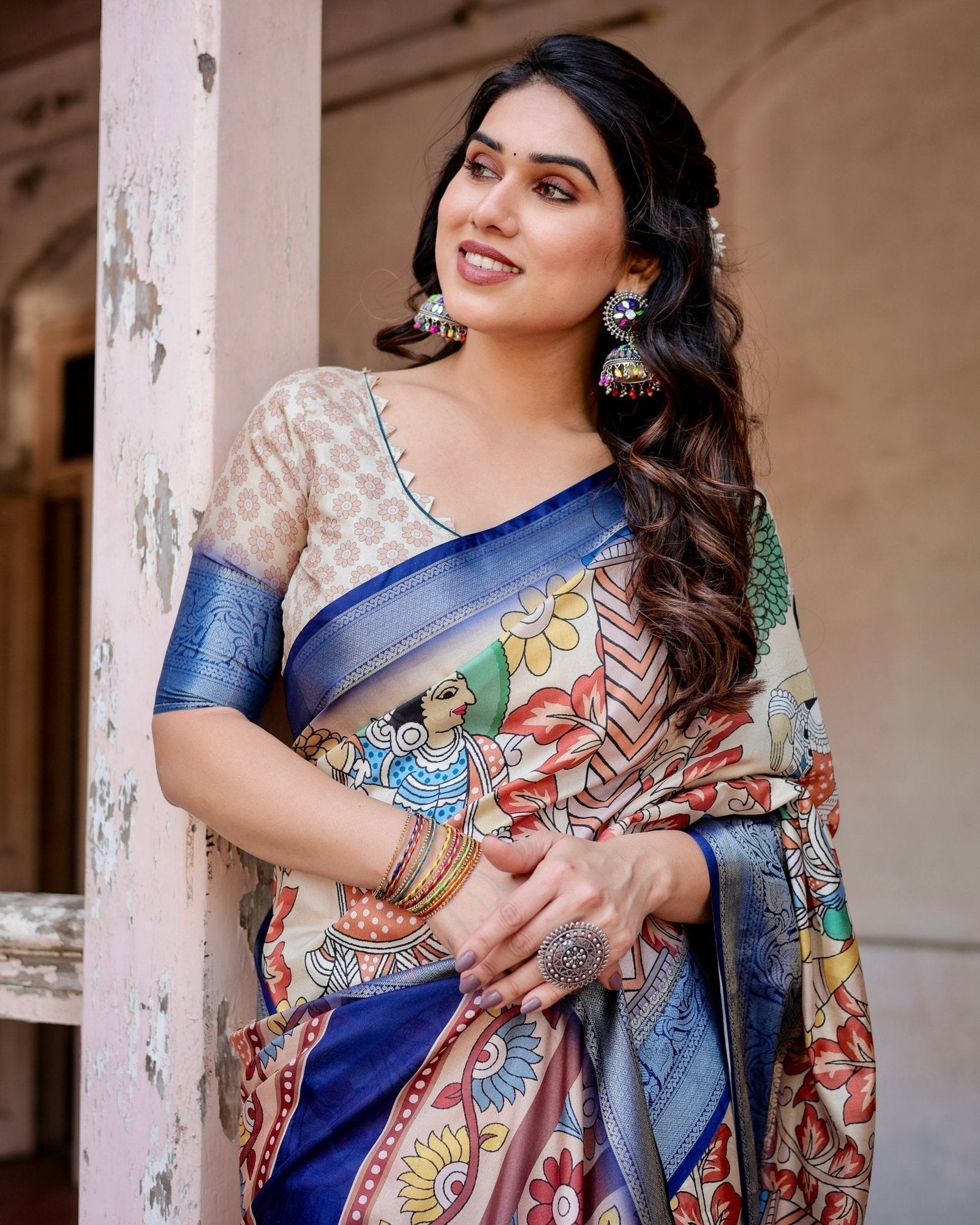 Multicolor Tussar Silk Saree with Artistic Floral Motifs and Traditional Blue Zari Border DIGITAL PRINT
