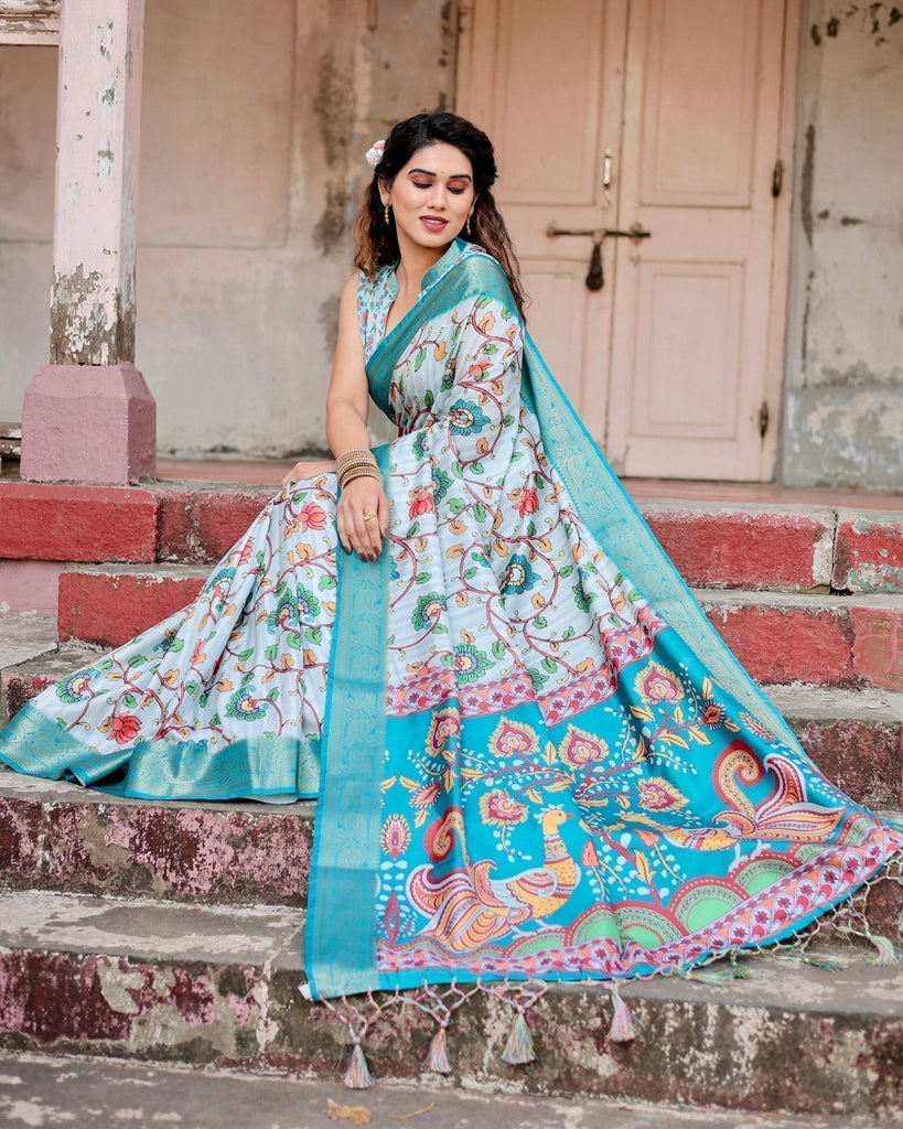 Sky Blue Tussar Silk Saree with Multicolor Floral Design and Zari Paisley Border DIGITAL PRINT