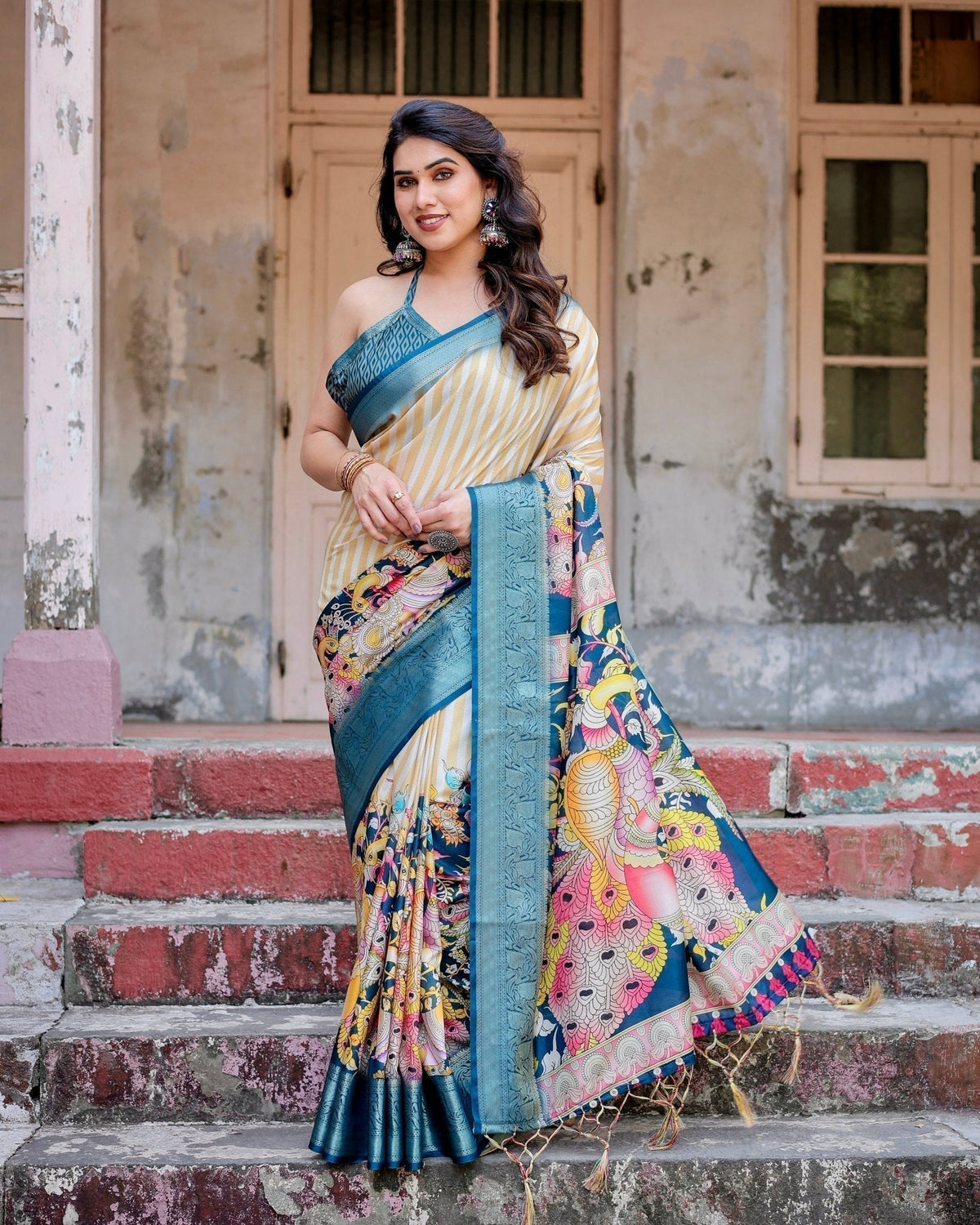Beige & Teal Tussar Silk Saree with Intricate Kalamkari and Zari Border DIGITAL PRINT Main image