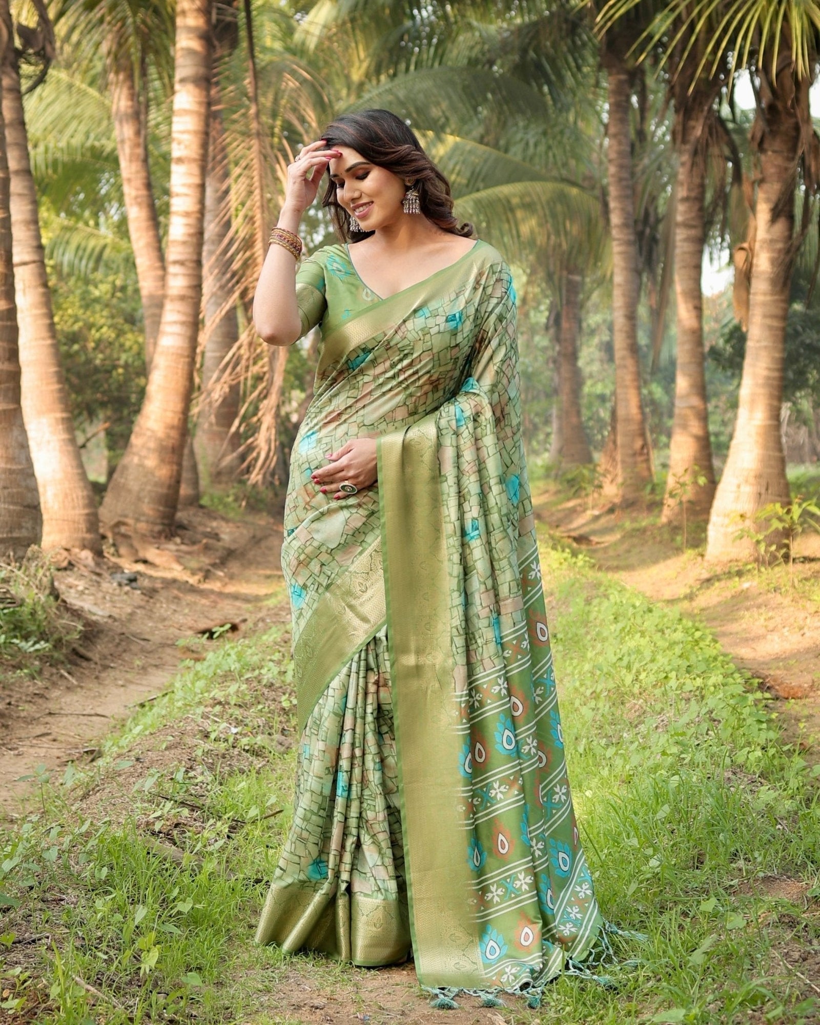 Elegant Light Green Tussar Silk Saree with Zari Motif Border and Contemporary Checkered Pallu Design DIGITAL PRINT