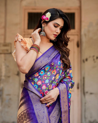 Royal Purple Tussar Silk Saree with Vibrant Floral Print and Peacock Motif Pallu DIGITAL PRINT