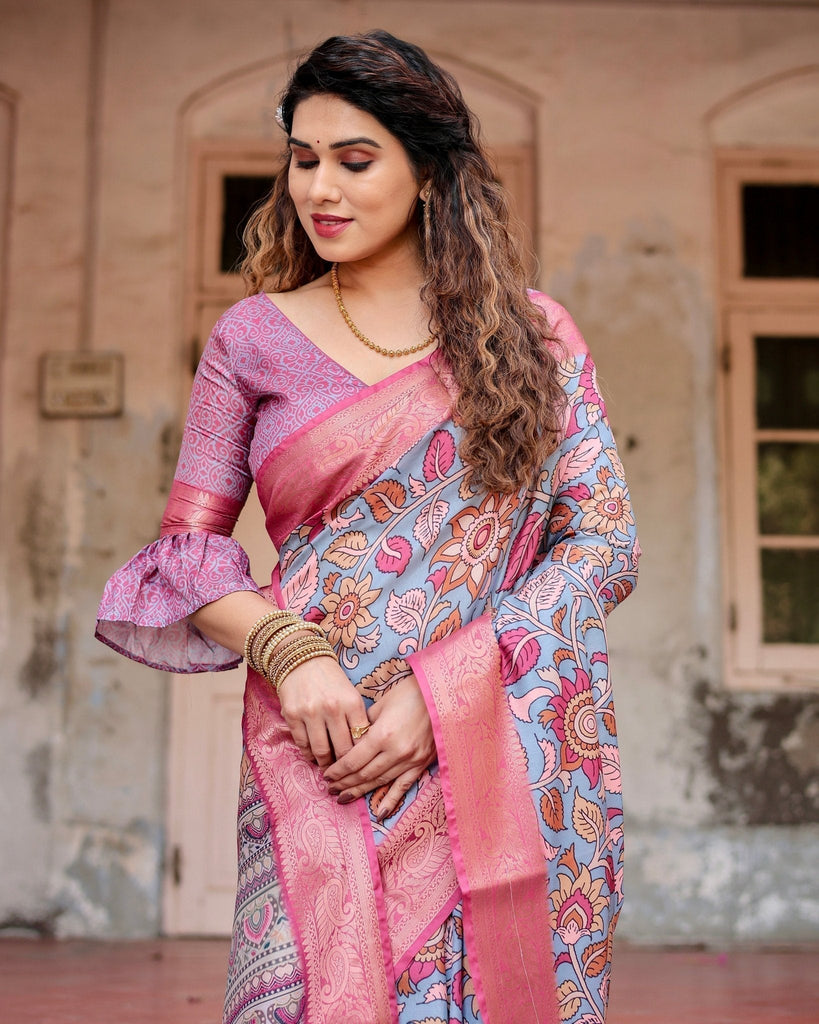 Graceful Grey Tussar Silk Saree with Pink Zari Border and Intricate Floral Motifs DIGITAL PRINT