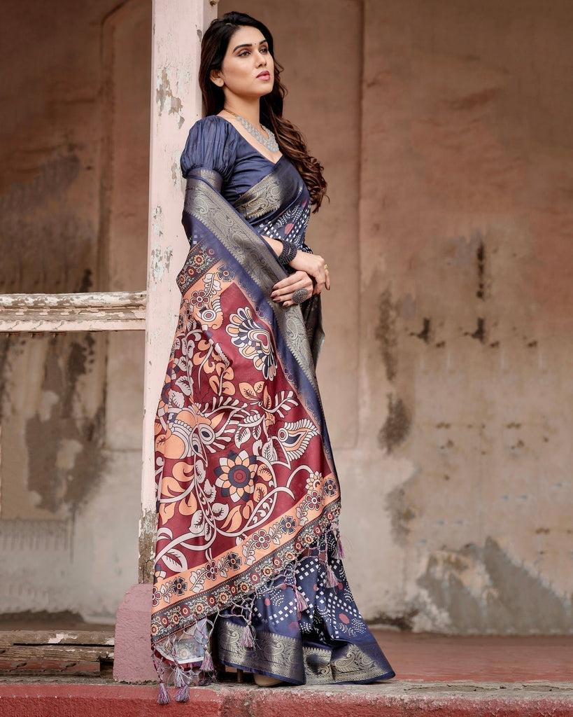 Navy Blue Tussar Silk Saree with Geometric Patterns, Zari Border, and Vibrant Pallu DIGITAL PRINT