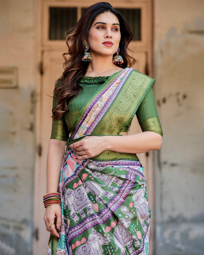 Ivory and Green Tussar Silk Saree with Elephant Motifs and Intricate Zari Border DIGITAL PRINT