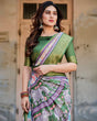 Load image into Gallery viewer, Ivory and Green Tussar Silk Saree with Elephant Motifs and Intricate Zari Border DIGITAL PRINT