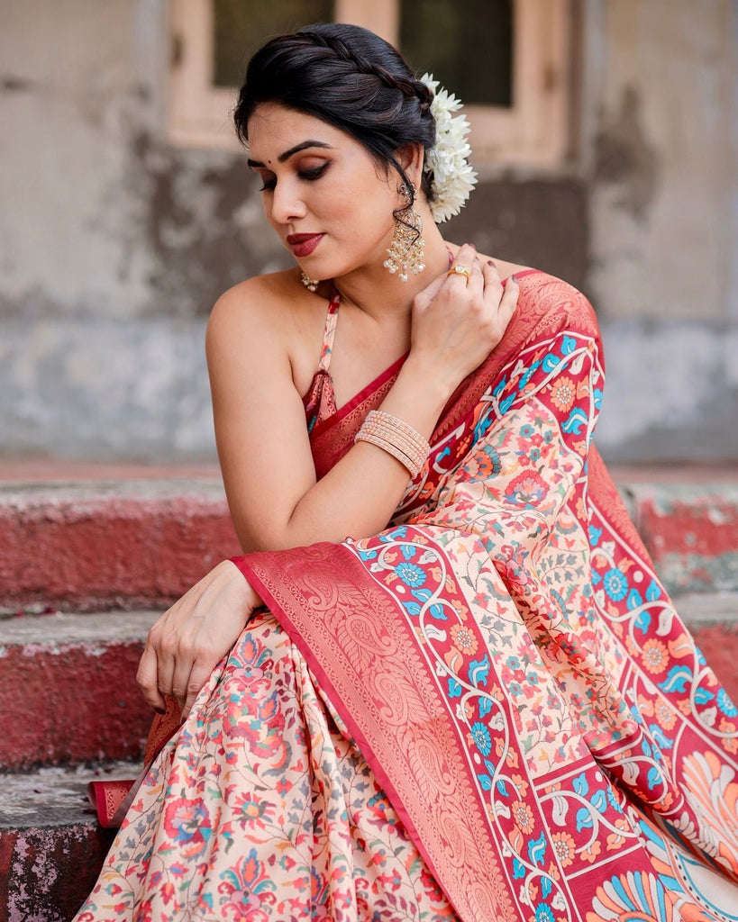 Beige and Coral Tussar Silk Saree with Intricate Floral Prints and Artistic Pallu DIGITAL PRINT