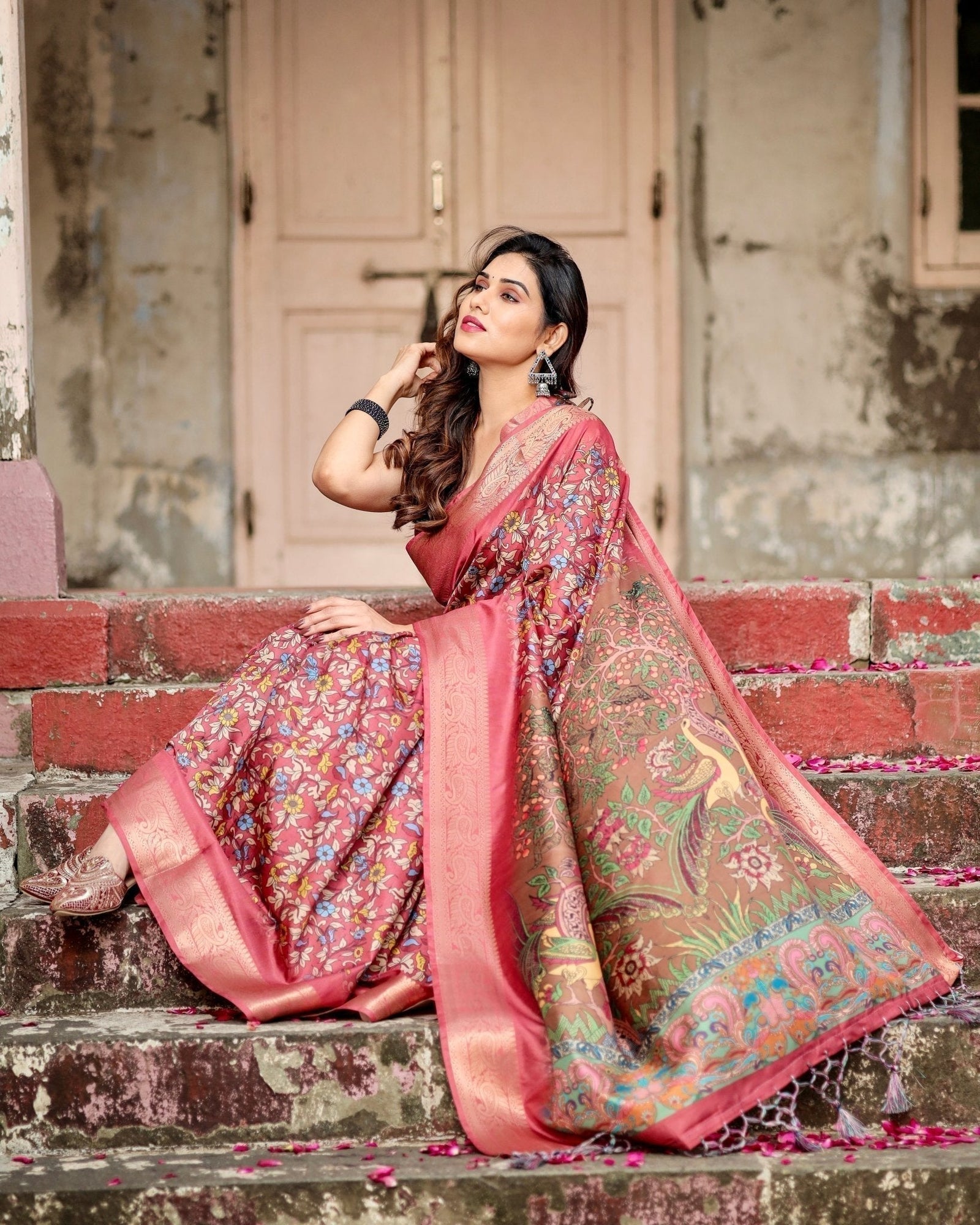Rich Maroon Digital Print Saree with Antique Floral Design and Elegant Tassels DIGITAL PRINT