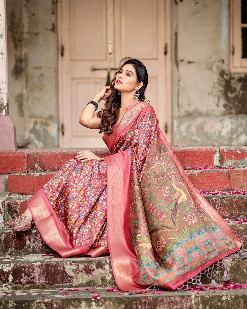 Rich Maroon Digital Print Saree with Antique Floral Design and Elegant Tassels DIGITAL PRINT