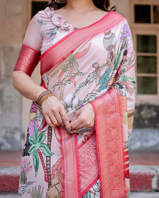 Blush Pink Digital Print Tussar Silk Saree with Vibrant Storyline Art DIGITAL PRINT