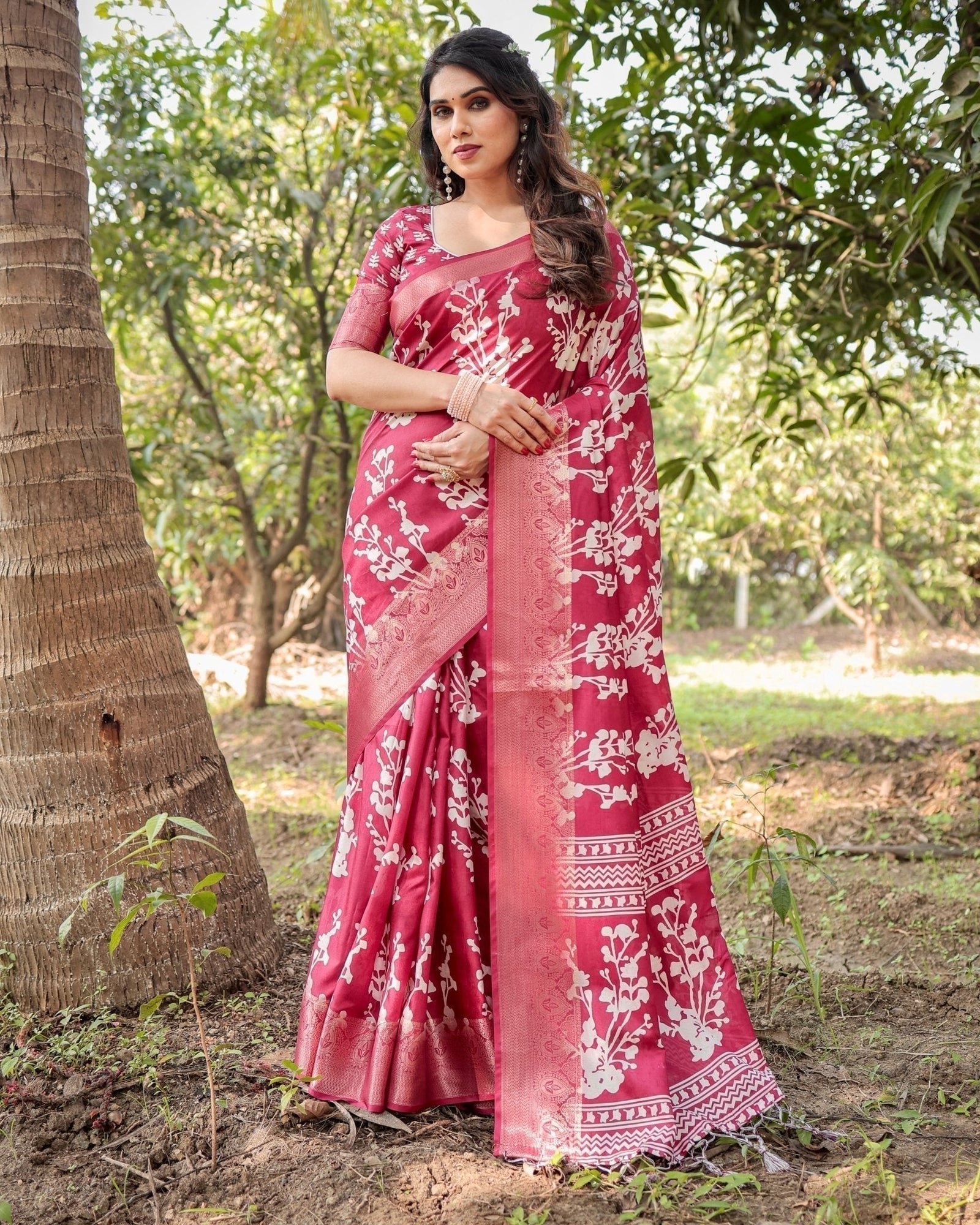 Maroon Tussar Silk Saree with White Floral Motifs, Intricate Zari Border, and Elegant Tassel Pallu DIGITAL PRINT