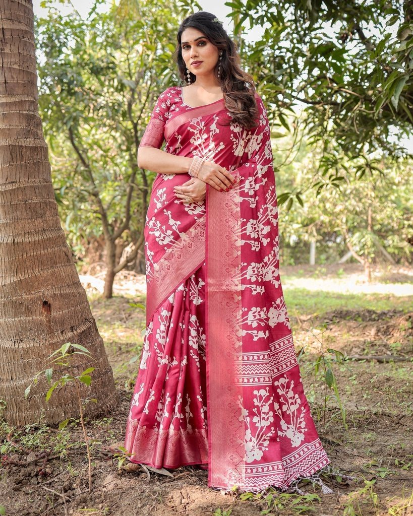 Maroon Tussar Silk Saree with White Floral Motifs, Intricate Zari Border, and Elegant Tassel Pallu DIGITAL PRINT