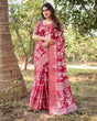 Load image into Gallery viewer, Maroon Tussar Silk Saree with White Floral Motifs, Intricate Zari Border, and Elegant Tassel Pallu DIGITAL PRINT