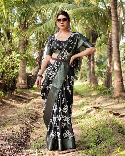 Elegant Black Tussar Silk Saree with Zari Embellished Border and Bold Floral Pallu DIGITAL PRINT