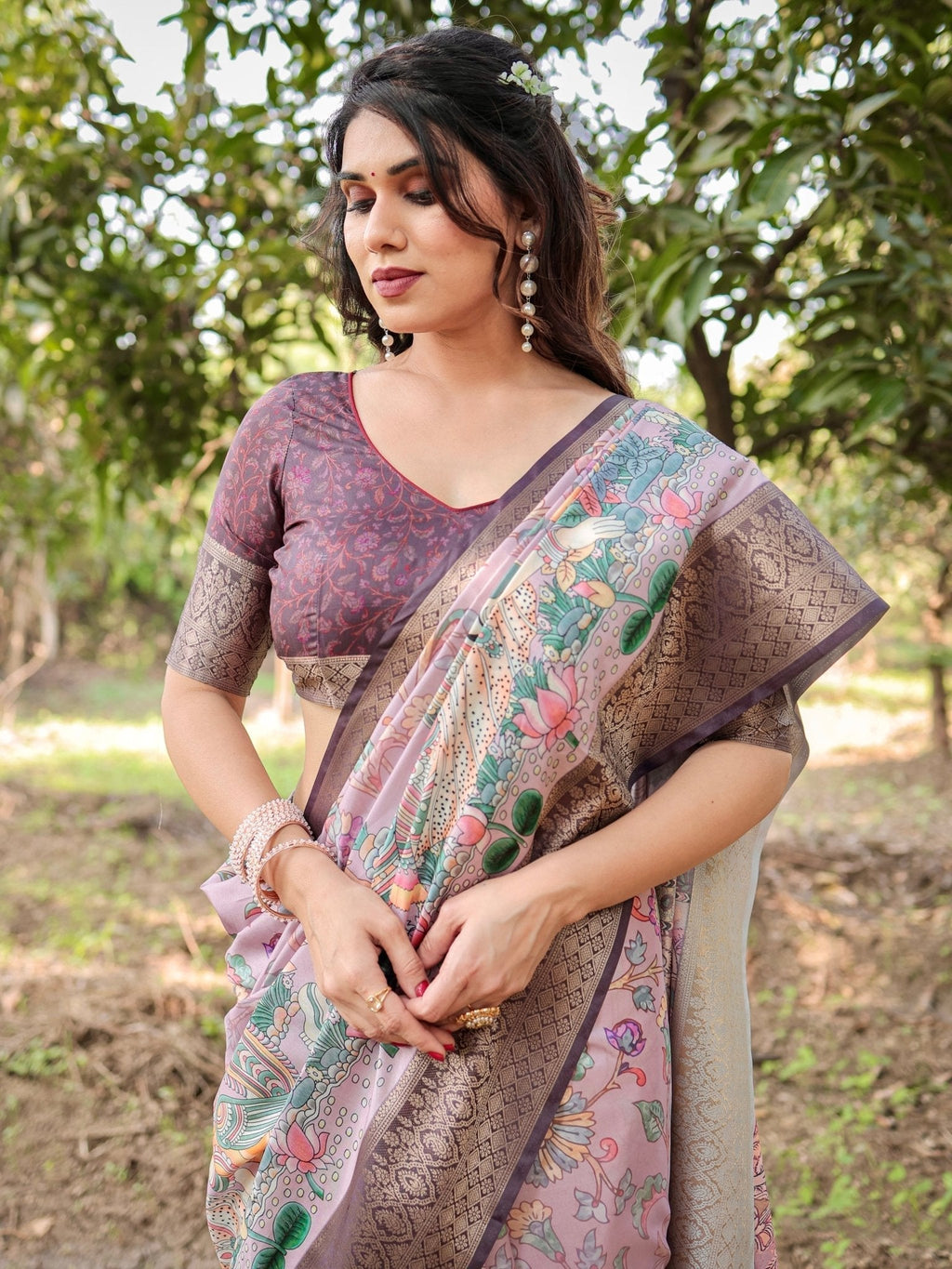 Lilac and Purple Digital Print Tussar Silk Saree with Zari Diamond Border and Lotus Motif Pallu DIGITAL PRINT