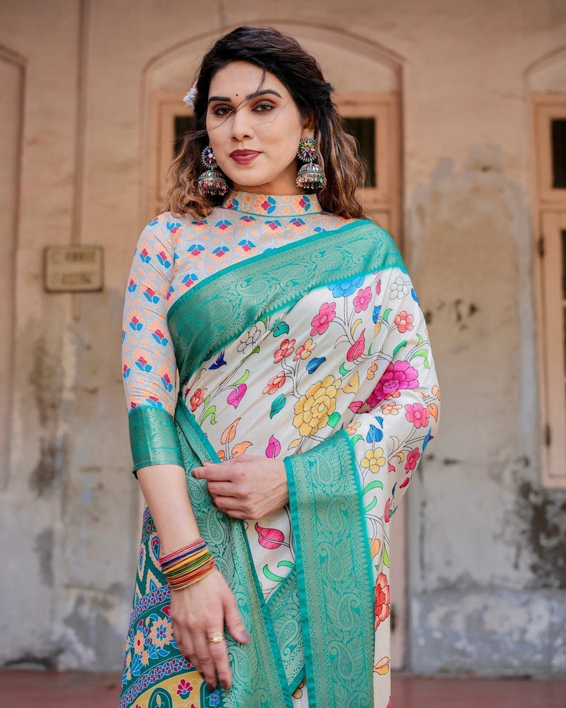 Elegant Multicolor Floral Digital Print Saree with Ornate Green Border and Artistic Pallu DIGITAL PRINT