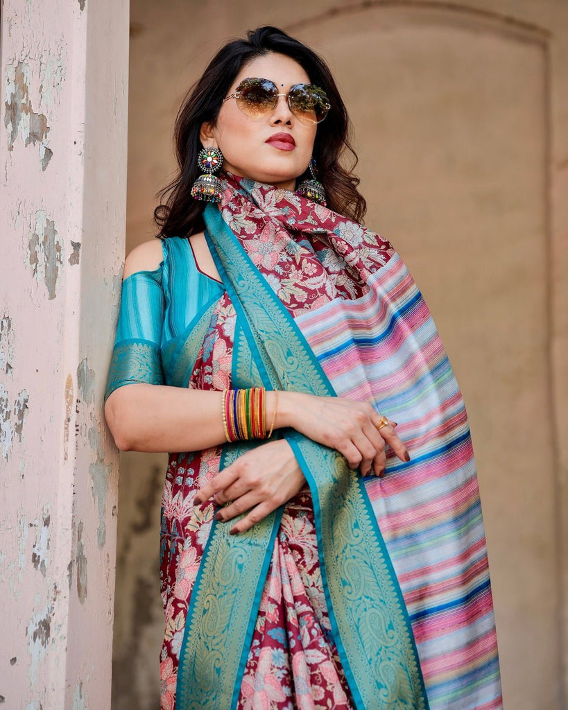 Maroon and Teal Tussar Silk Saree with Floral Zari Weave and Striped Pallu DIGITAL PRINT