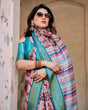 Load image into Gallery viewer, Maroon and Teal Tussar Silk Saree with Floral Zari Weave and Striped Pallu DIGITAL PRINT