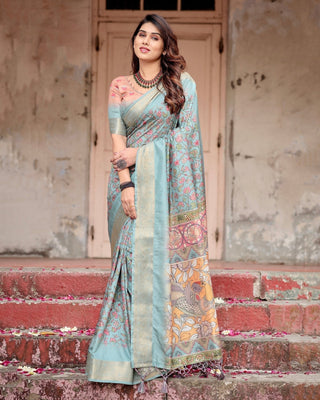 Sky Blue Tussar Silk Saree with Intricate Zari Border and Artistic Pallu Design DIGITAL PRINT