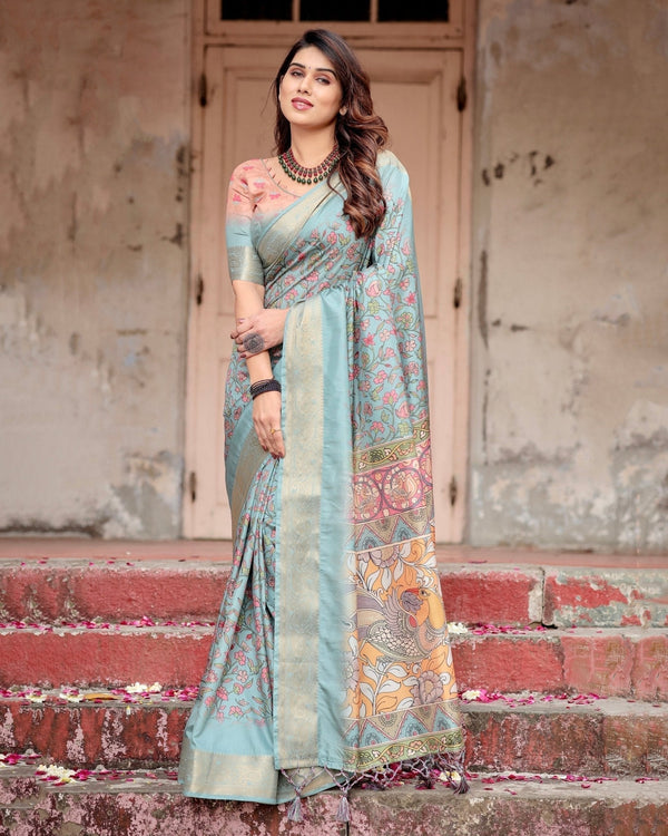 Sky Blue Tussar Silk Saree with Intricate Zari Border and Artistic Pallu Design DIGITAL PRINT