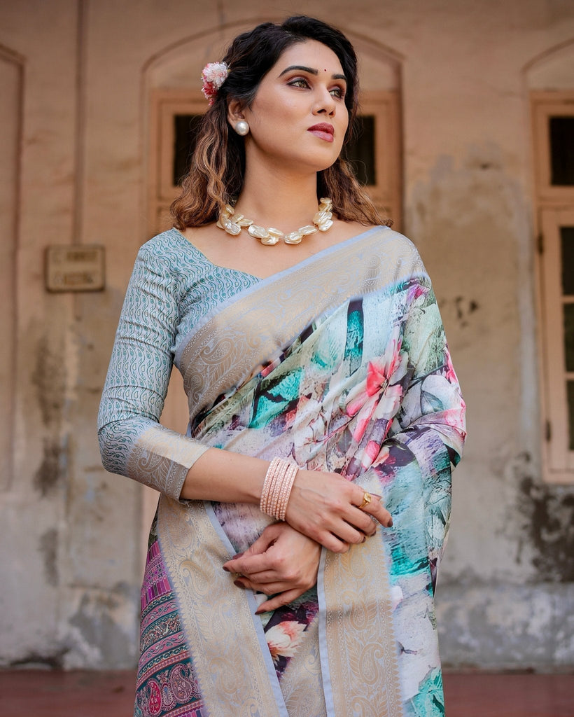 Graceful Floral Digital Print Saree with Gold Paisley Border and Multicolor Pallu DIGITAL PRINT